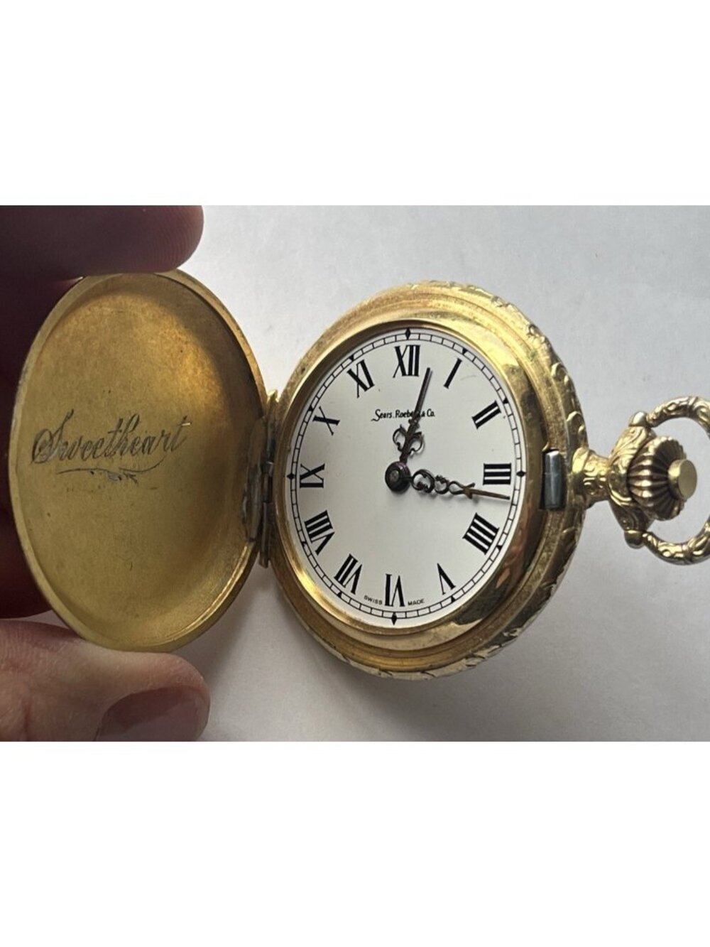 Vintage Sears Roebuck Pocket Watch Gold Tone Ornate Engraved Sweetheart